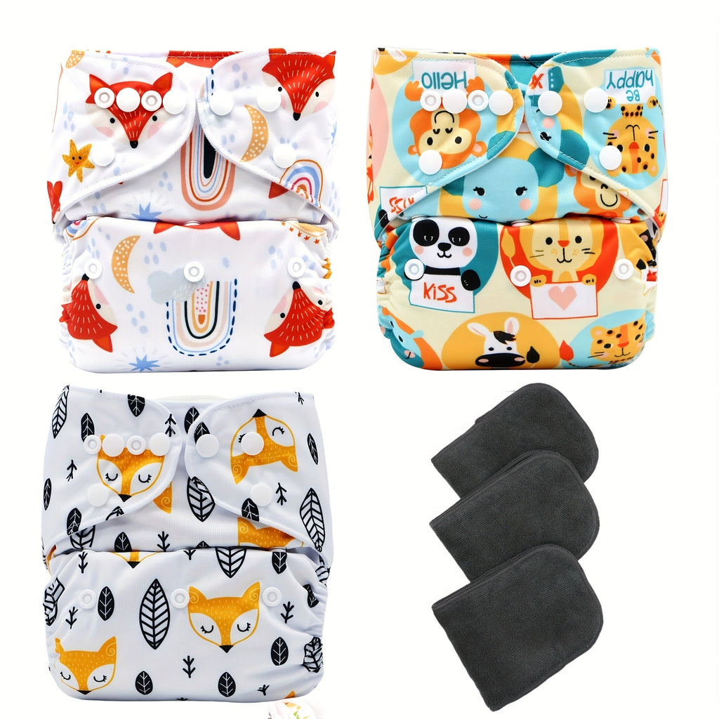 6-Piece Reusable Cloth Diaper Set with Cute Cartoon Animal Designs, Eco-Friendly Washable Baby Cloth Diapers with Inserts, Includes 3 Diapers & 3 Inserts, Adjustable for Babies & Toddlers
