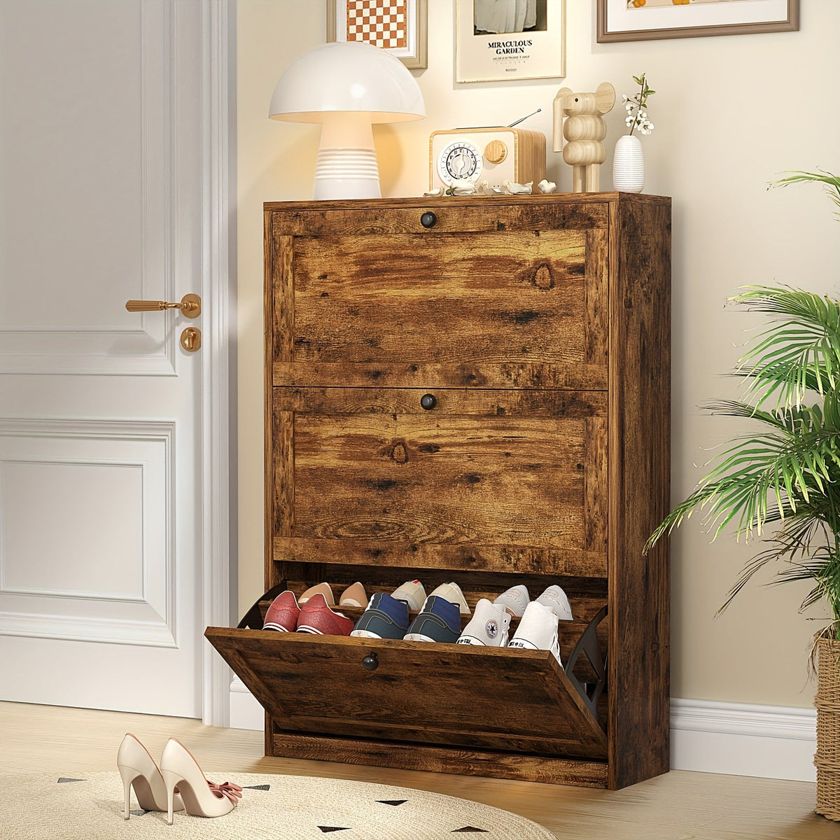 Flip Drawer Shoe Organizer with 2/3/4 Drawers, Space-Saving Shoe Rack Cabinet for Entryway Hallway Living Room Bedroom, Stackable Hidden Storage Shoe Box, Modern Home Shoe Storage Solution