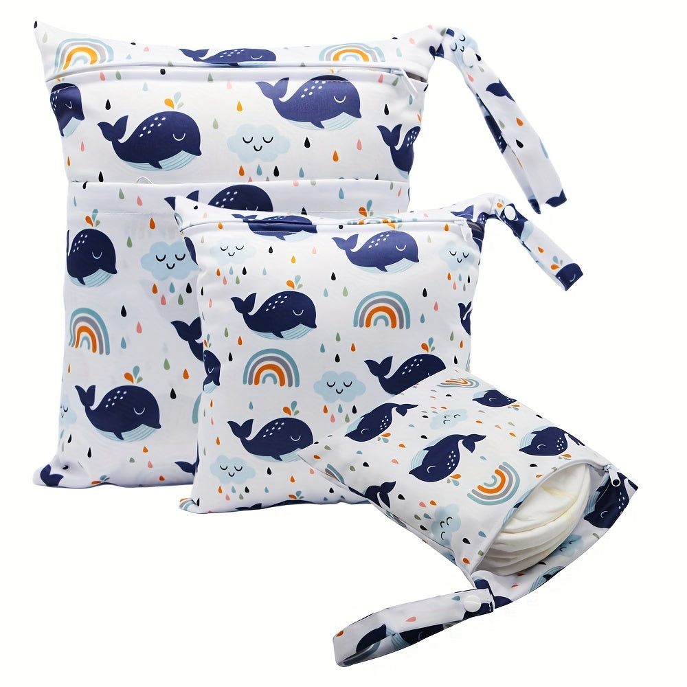 Reusable Wet Diaper Bag Set of 3 Different Sizes, Waterproof Wet Dry Bags for Cloth Diapers & Breast Pump Parts, Two Zippered Pockets & Handle for Beach Pool Gym Stroller Daycare