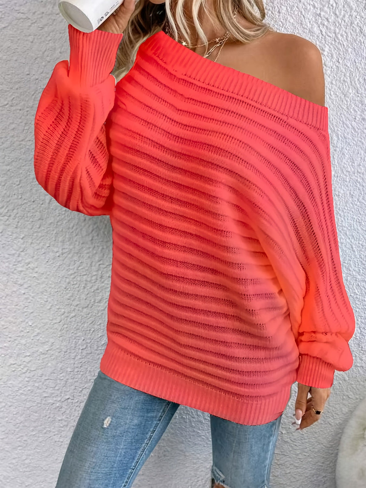 Women's Batwing Sleeve Hollow Knit Crew Neck Pullover Sweater, Solid Color Long Sleeve Top, S-XL, 12 Colors