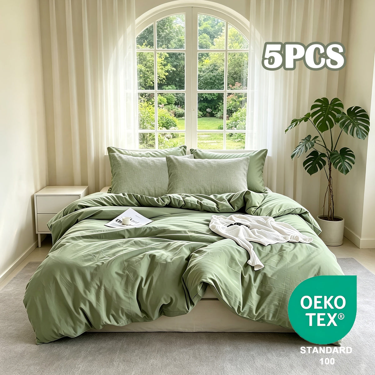 Washed Microfiber Duvet Cover Set 5-Piece, 1 Duvet Cover + 4 Pillowcases, Zipper Closure & Corner Ties, Soft Breathable Bedding Set for Home School Guest Room, No Insert, Multiple Sizes & Colors