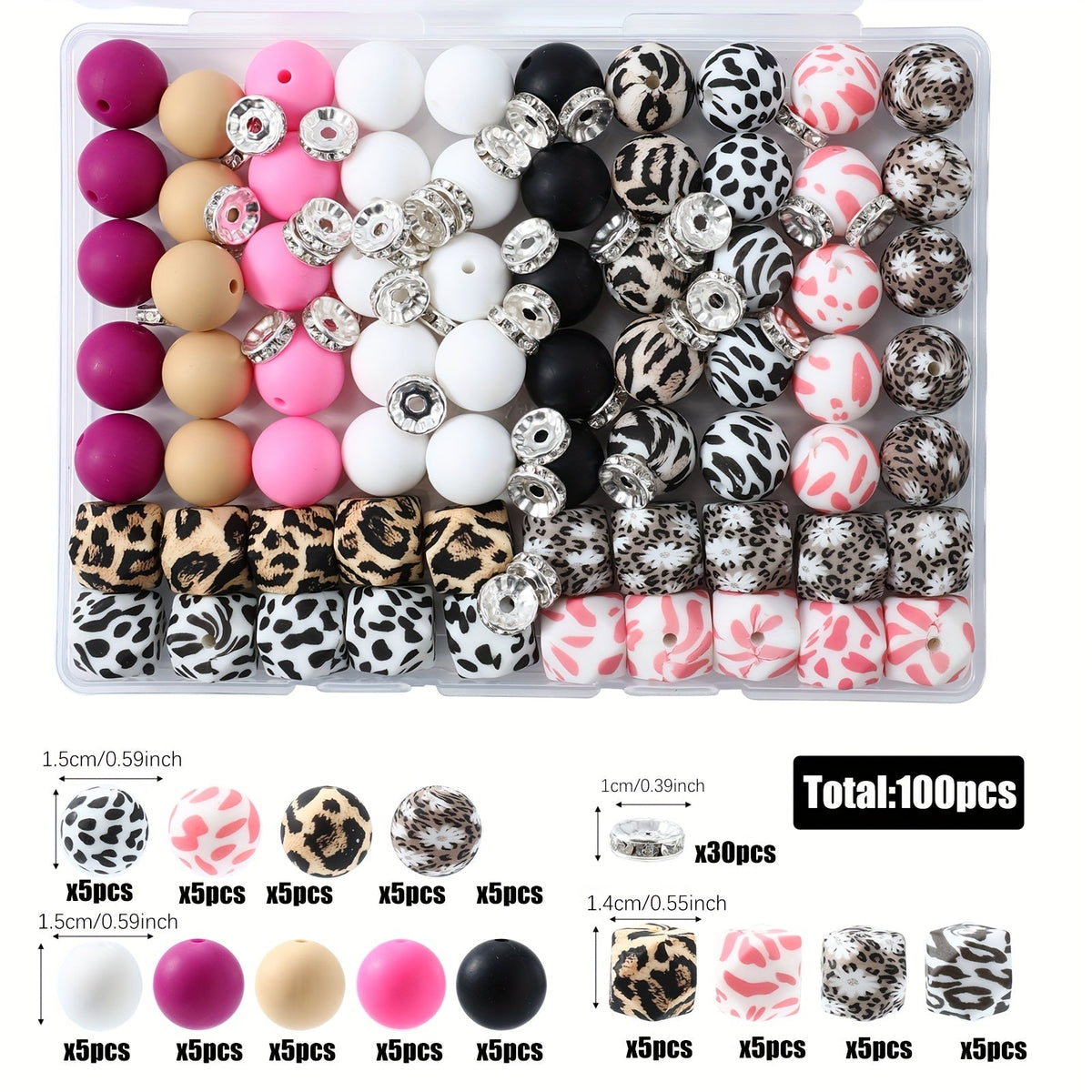 100pcs Silicone Beads Set with Storage Box, Hexagonal Striped Printed Pattern Beads for DIY Jewelry Making, Bead Pens, Keychain Pendants, Craft Supplies for Girls, Kids, Teens, and Adults