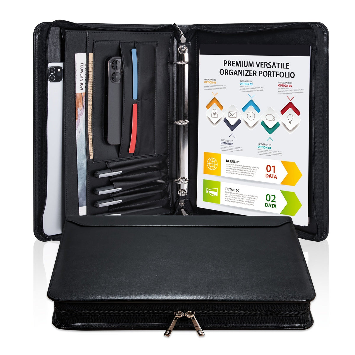 Vegan Leather Portfolio Binder, 3-Ring Zippered A4 Legal Document Organizer with Laptop Pocket for Women and Men