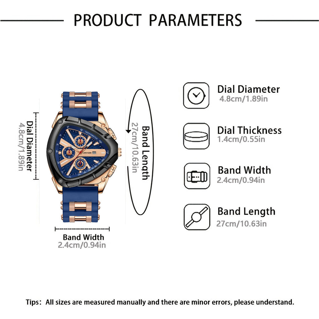 Men's Luxury Quartz Watch, Triangular Dial, Silicone Band, Date Display, Chronograph, Business Casual Wristwatch, 5 Colors
