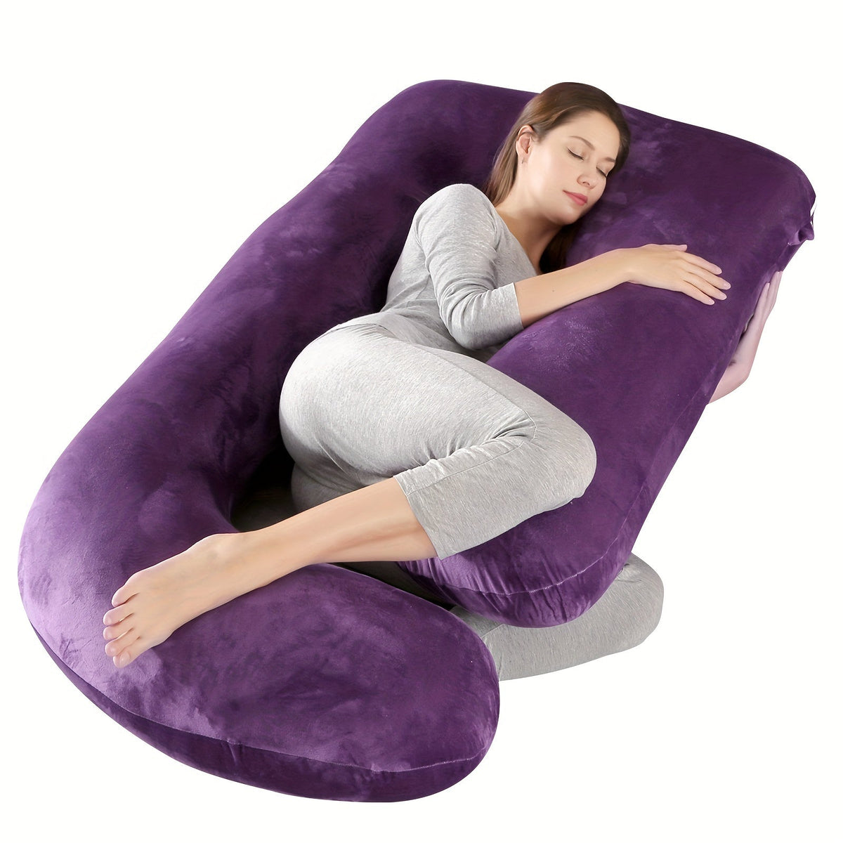 J & U-Shaped Pregnancy Pillow, Full Body Maternity Pillow with Velvet & Flannel Cover, Back, Legs & Belly Support for Pregnant Women, 43", 47" & 55", Multiple Colors