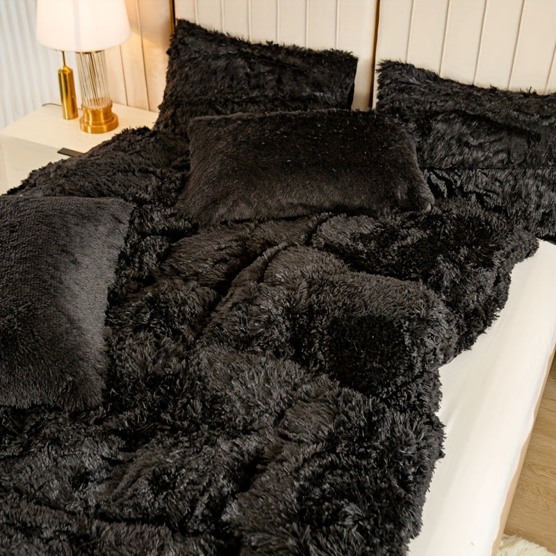 Plush Duvet Cover Set 3 Piece, Long Hair Knitted Polyester, Solid Color Fuzzy Comforter Cover with Zipper Closure, All-Season Soft Cozy Bedding Set for Bedroom, Multiple Colors Available
