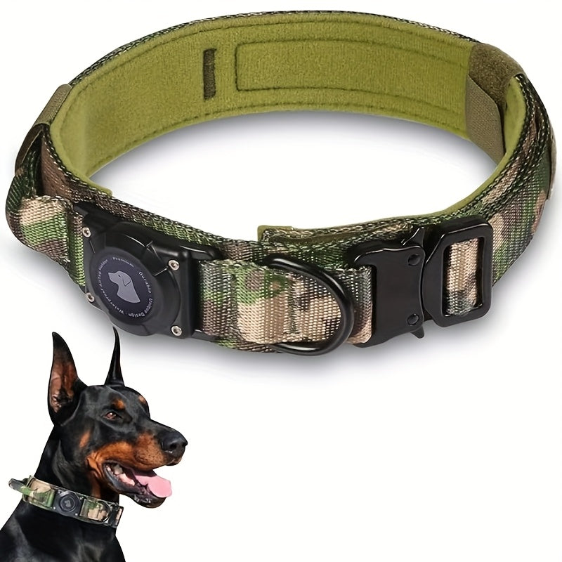 Tactical Dog Collar with AirTag Holder & Handle – Heavy-Duty PC Nylon, Adjustable M/L/XL for Medium to Large Dogs, Military-Style Training Collar with Control Handle