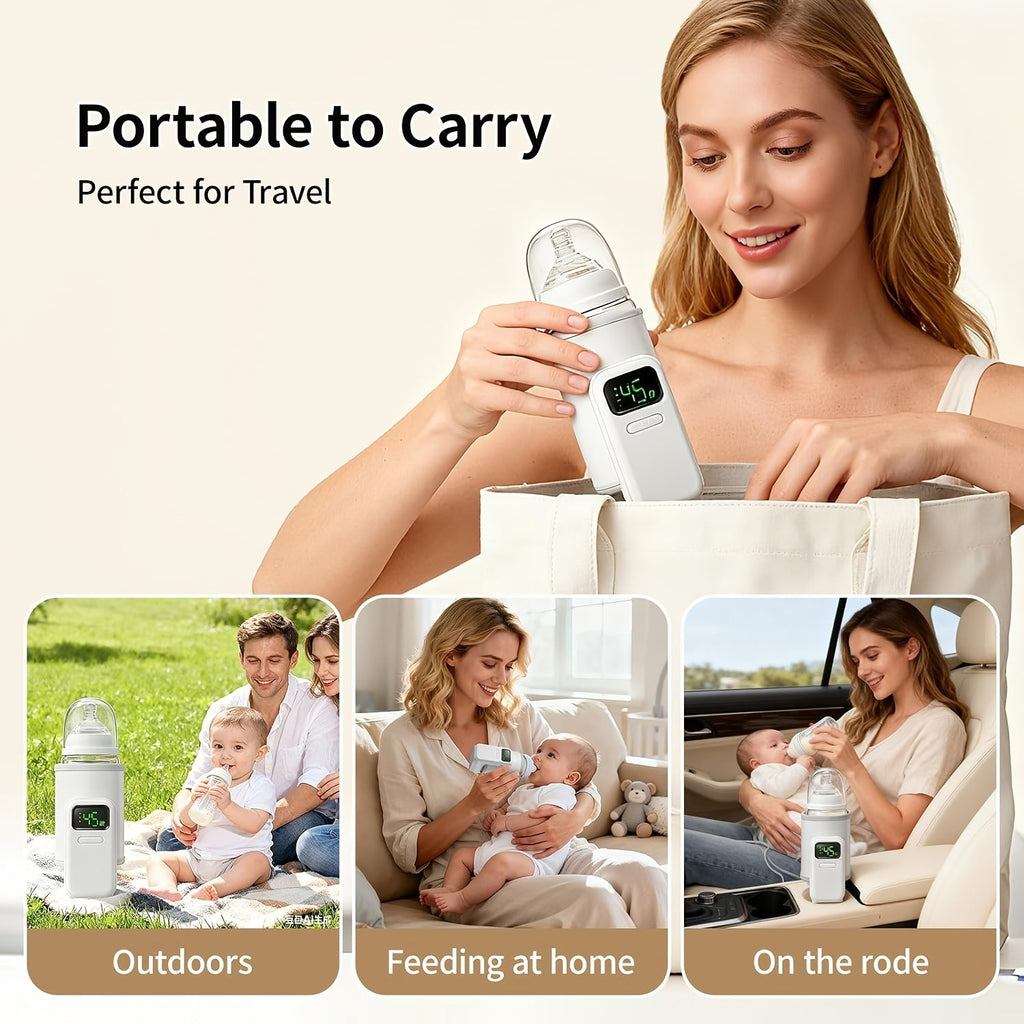 Rechargeable Portable Travel Bottle Warmer, 5000mAh Battery, 6 Temperature Settings, Even Heating & Digital Display, Universal Fit for Breast Milk & Formula, Home & Outdoor Use, White