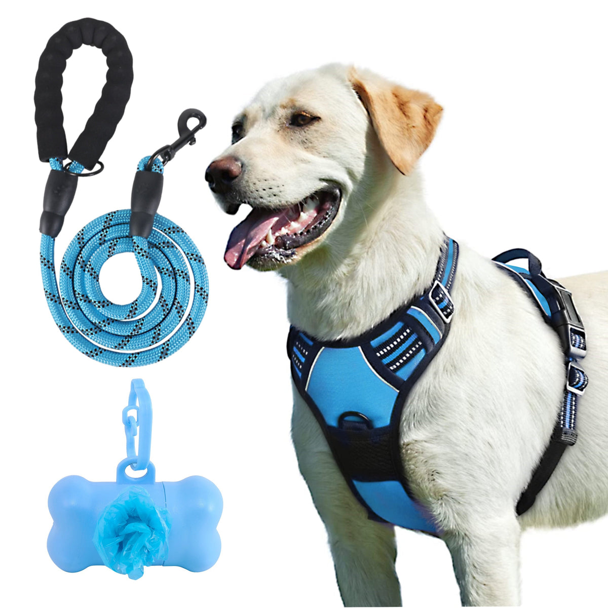 4-Piece Dog Harness and Leash Set, No-Pull No-Choke Reflective Oxford Vest Harness with Leash, Poop Bag Dispenser, and Easy Control Handle for Medium and Large Dogs, Outdoor Training, and Walking