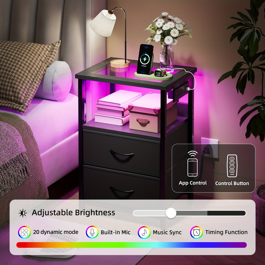 TOMNK Nightstand with Glass Tabletop LED Light & Charging Station 2 or 3 Fabric Drawers PU Finish Display Stand for Bedroom & Living Room – Black White Brown