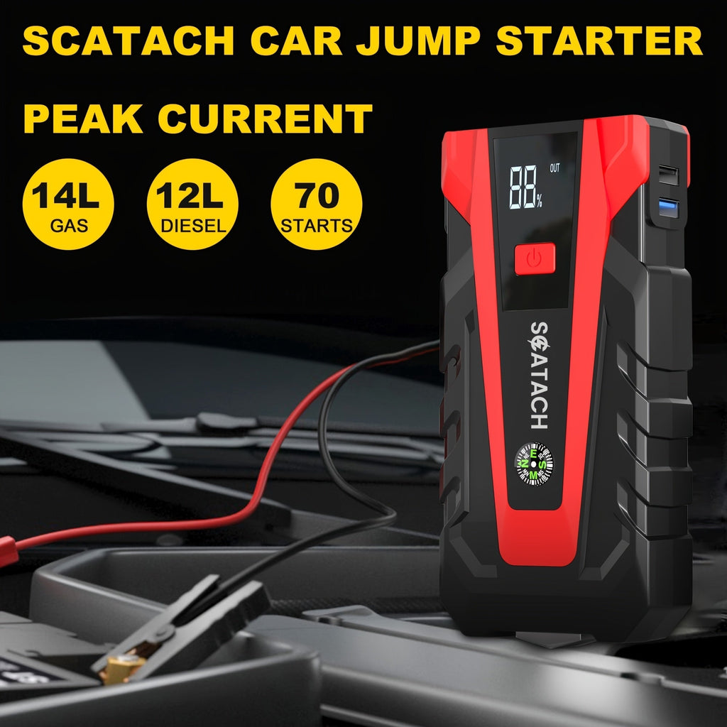 Car Jump Starter with Air Pump & Digital Tire Pressure Gauge – 12V Portable Emergency Starter for Cars, Trucks, SUVs, RVs & Motorcycles, LED Display, SOS Light & Window Breaker