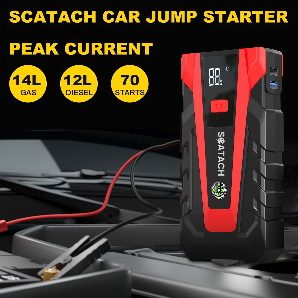 Car Jump Starter with Air Pump & Digital Tire Pressure Gauge – 12V Portable Emergency Starter for Cars, Trucks, SUVs, RVs & Motorcycles, LED Display, SOS Light & Window Breaker