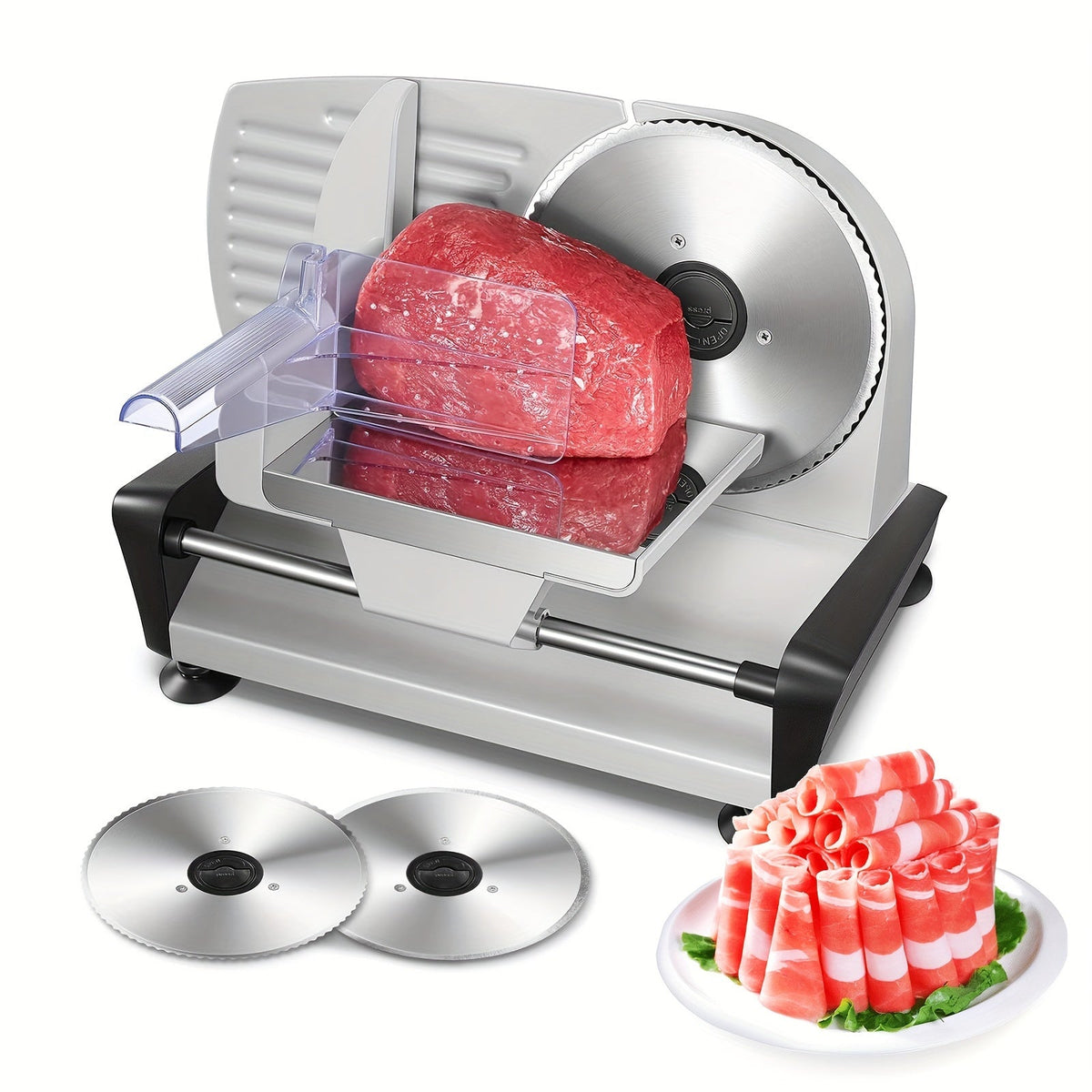 200W Electric Meat Slicer for Home Use – 2 Removable 7.5" 304 Stainless Steel Blades (Serrated + Non-Serrated), 0–15mm Thickness Control, Die-Cast Aluminum, Food Carriage Included, Black or Silver – Nova Mart