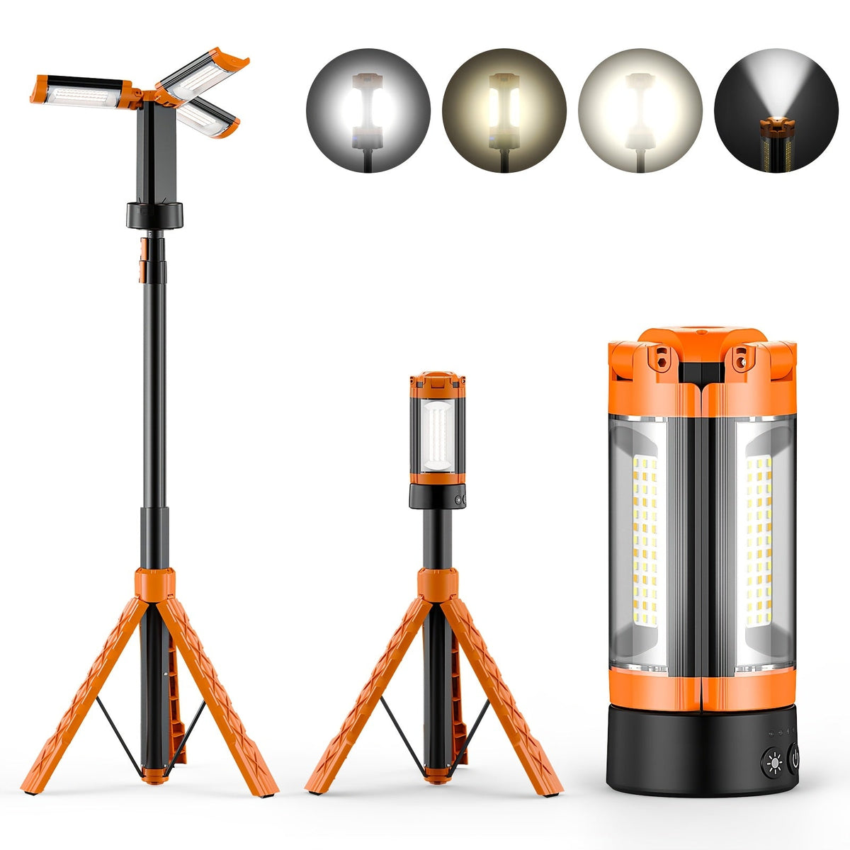 Rechargeable 10000mAh LED Work Light & Camping Light with Stand 6FT Tripod 3 Adjustable Heads 2200 Lumens 5 Color Modes Power Bank Emergency Flashlight – Orange Black