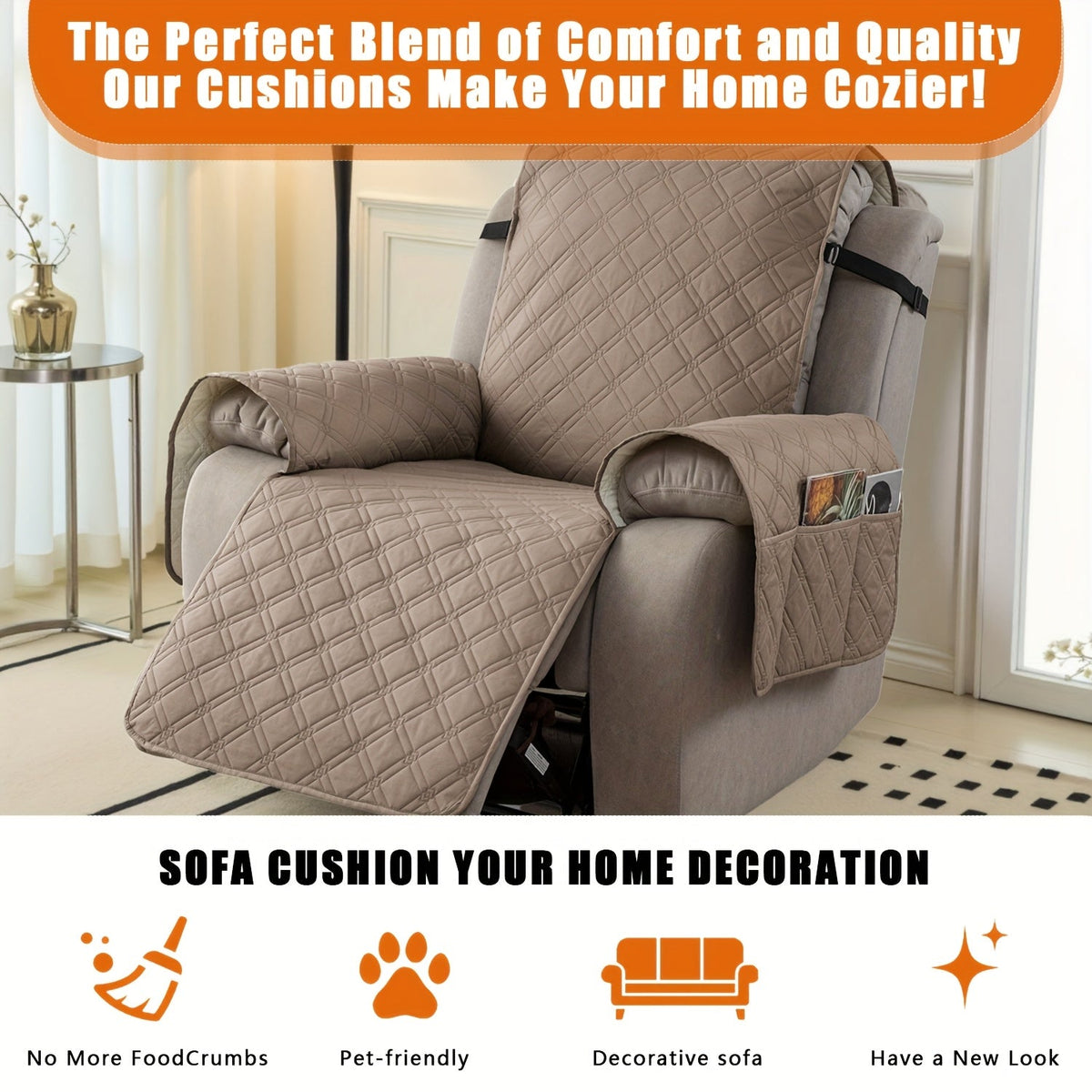 Waterproof Recliner Slipcover with Side Pockets, Anti-Slip Straps, 4-Layer Quilted Fabric, Pet & Kid Proof, Machine Washable Recliner Chair Protector – 11 Colors