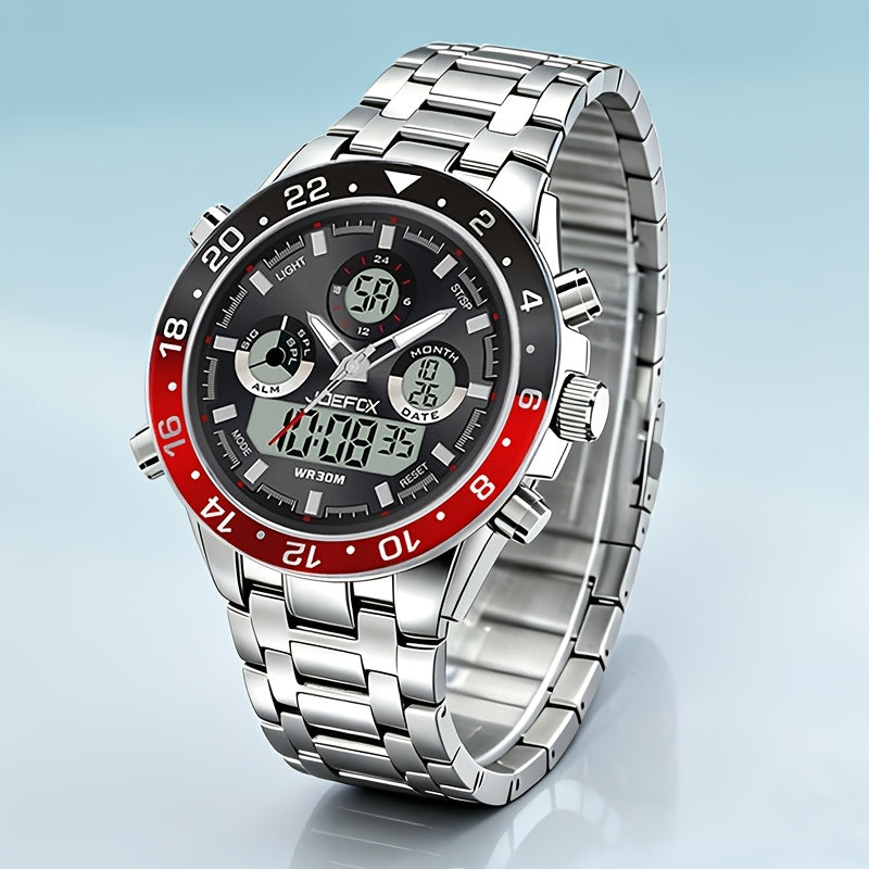 Men's Vintage Business Chronograph Watch with Steel Band – Dual Movement Waterproof Wristwatch with Band Adjustment Tool, Father's Day Birthday Gift for Men