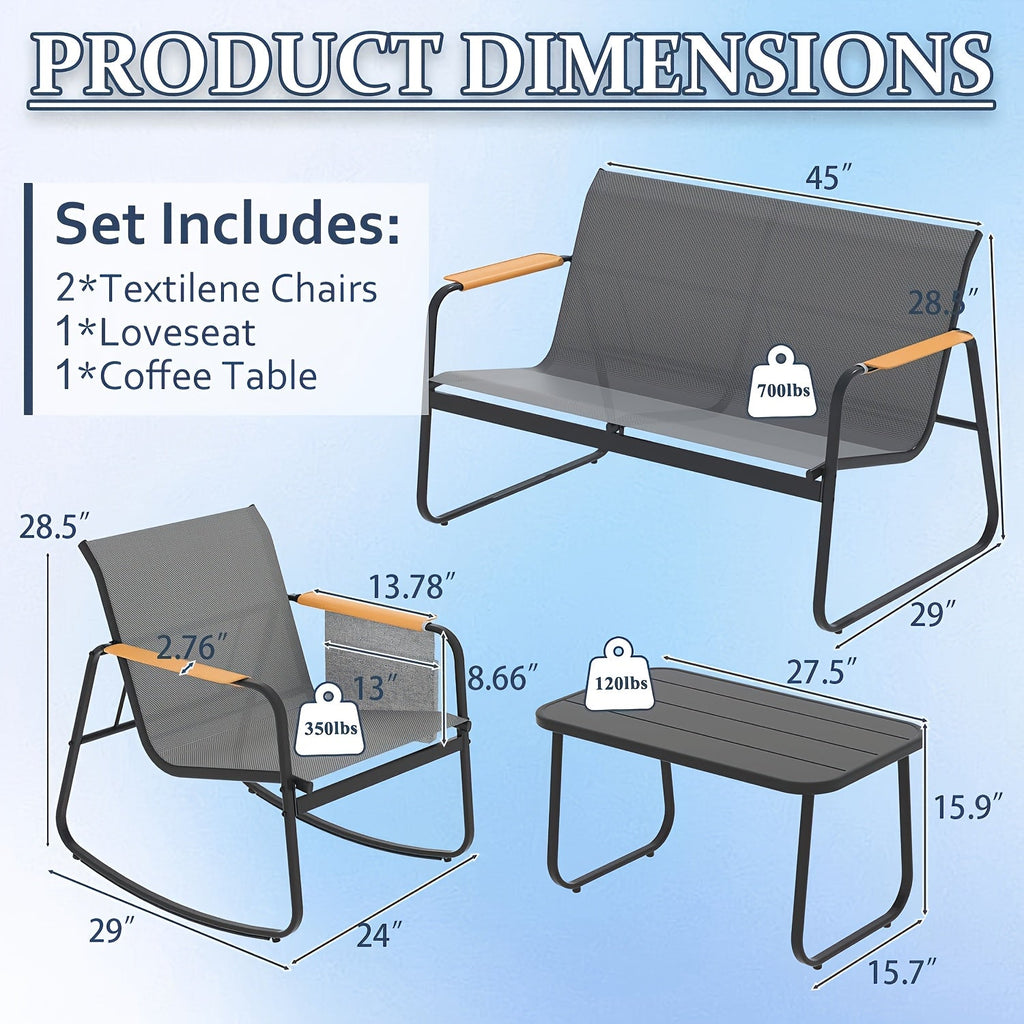 4-Piece Patio Conversation Set with Breathable Textilene Loveseat Rocking Chairs Wide Armrests Storage Pockets & All-Weather Coffee Table for Backyard – Black or Gray