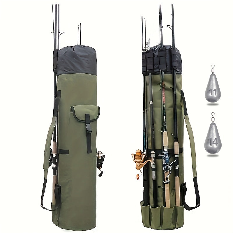 Large Capacity Folding Durable Fishing Rod Bag, Multifunctional Gear Carrier Case with Two Lead Weights, Fits Multiple Rods, Tackle Organizer for Freshwater and Saltwater Fishing