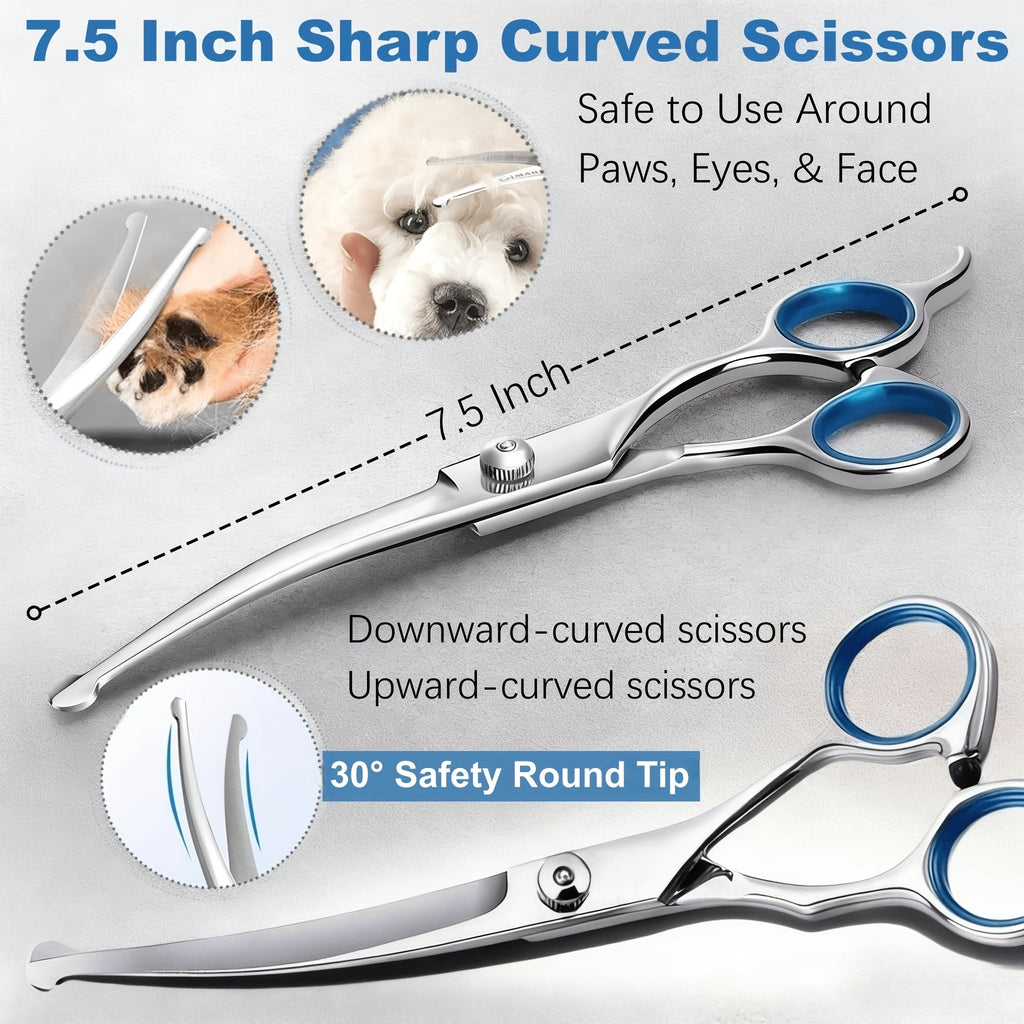 7-Piece Pet Grooming Scissors Set – Ceramic-Coated 4CR Stainless Steel, Safety Round Tips, Straight, Thinning & Curved Shears with Comb & Storage Bag for All Breeds of Dogs and Cats