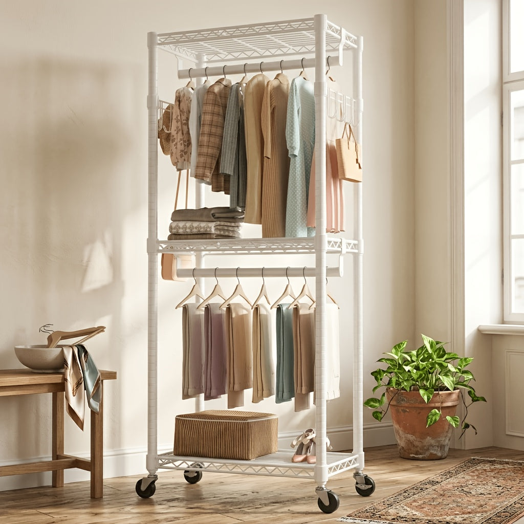 Heavy Duty Rolling Clothes Rack Adjustable Double Rods – Metal Freestanding Closet Organizer with Wheels & Side Hooks for Hanging Clothes