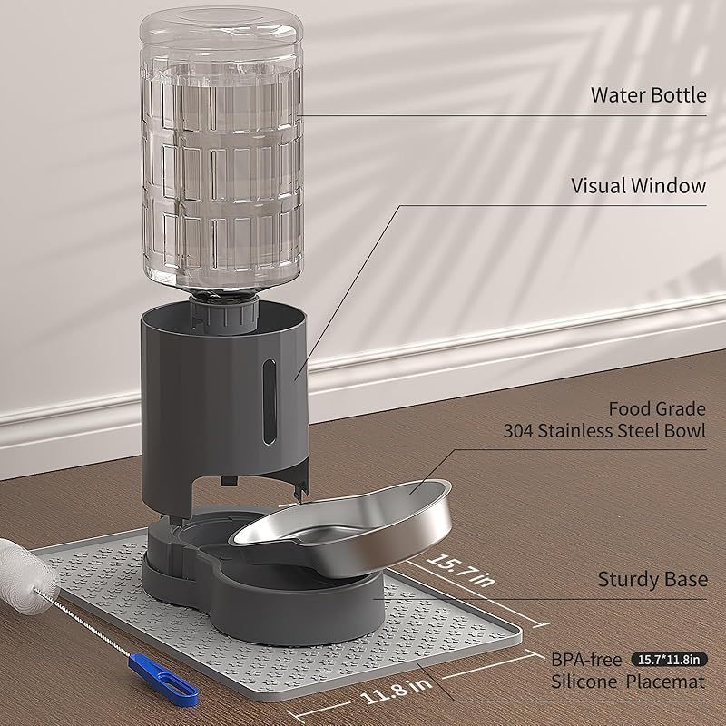 4L Gravity Cat Water Dispenser with Stainless Steel Bowl and Placemat - Automatic Large Capacity Pet Water Fountain for Cats and Small to Medium Dogs - Easy to Clean, BPA-Free, Safe Pet Hydration Station