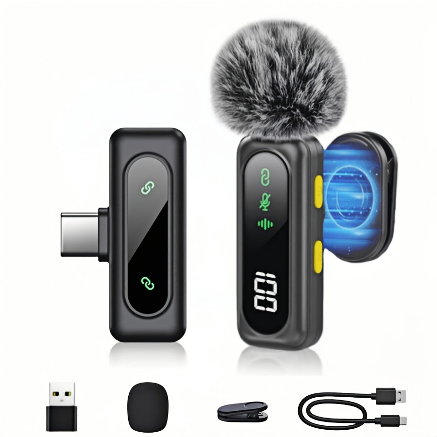Wireless Lavalier Microphone USB-C 2.4G with DSP Noise Reduction, Digital Battery Display, 360° Omnidirectional Clip-On Lapel Mic, 100ft Range, Furry Windshield, Rotatable Magnetic Clip for iPhone, Android, Camera & Content Creators
