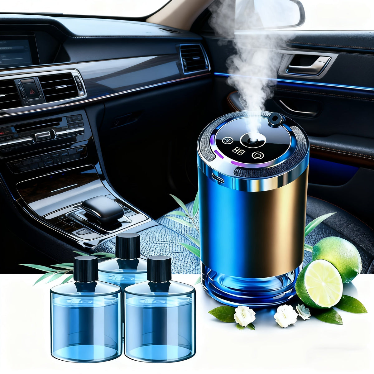 Smart Car Aroma Diffuser with Essential Oils, Starry Sky Projection Humidifier, Ambient Light, Car Air Freshener, Ocean/Osmanthus/Cologne Scent, 1.69oz Bottle for Car Interior