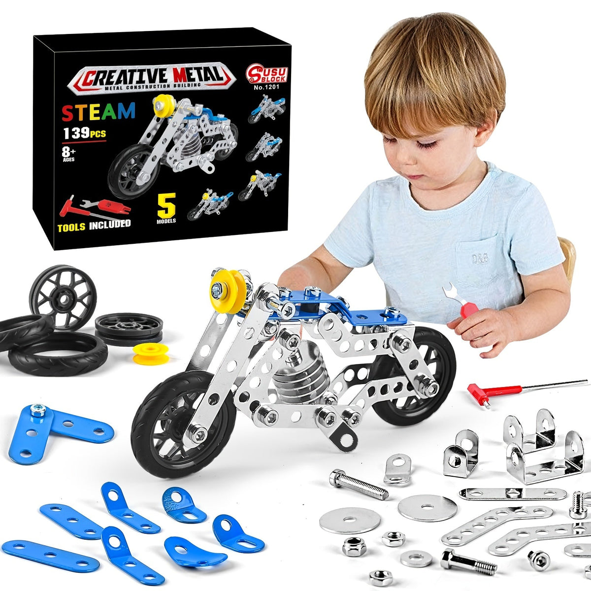 Metal Erector Set Motorcycle STEM Building Kit, 139 Pieces for Kids Age 8+, 5-in-1 Multi-Shape Motorbike Construction Model Toy, STEAM Educational Engineering Gift for Boys Girls Teens