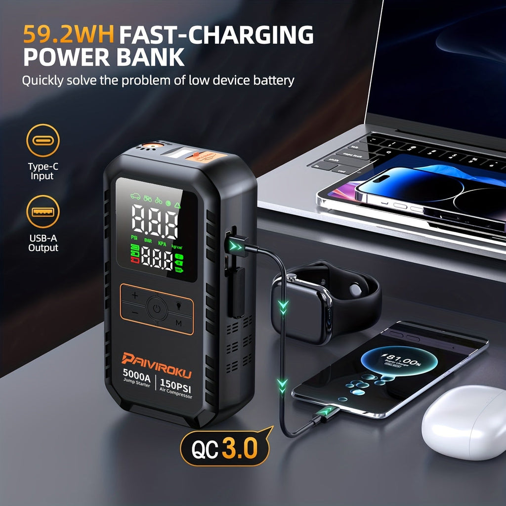 7-in-1 Portable Jump Starter with 150PSI Air Compressor – 5000A Peak Car Battery Booster, Tire Inflator, QC3.0 Power Bank, and LED SOS Light for Gas & Diesel Vehicles