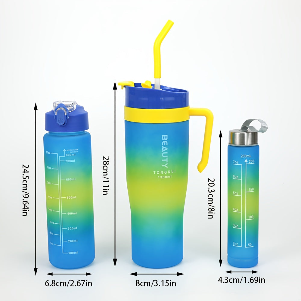 BPA-Free Gradient Water Bottle 5-Piece Set with Straw & Spill-Proof Lid - 46oz, 27oz, & 9oz Leak-Proof Sports Bottles for Gym, Travel, and Outdoor Use
