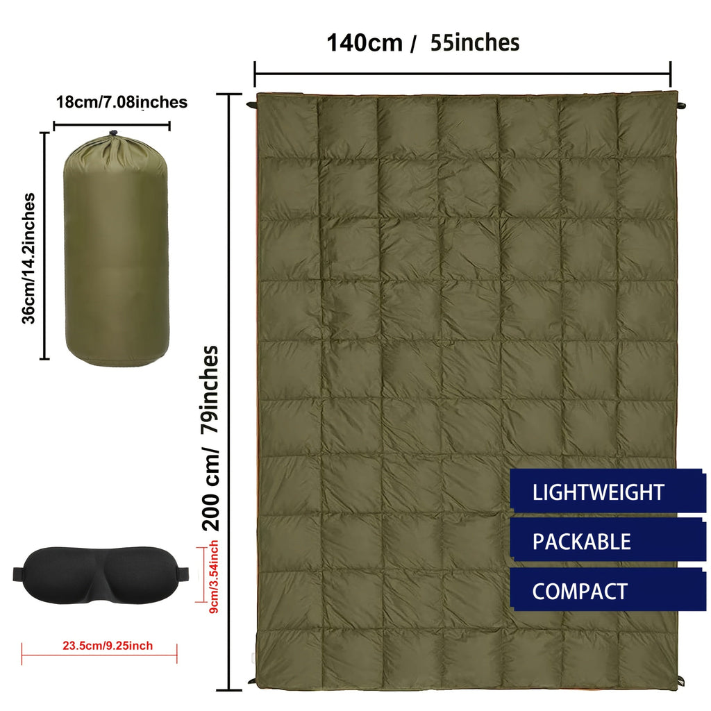 Outdoor Camping Puffy Blanket, Foldable, Lightweight, Warm, DWR Water-Resistant, with 3D Eye Mask, 140x200cm, for Camping, Travel, Car, Beach, Stadium, Hammock, Sofa, Festival
