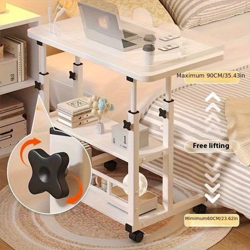 3-Tier Rolling Folding Desk with Wheels, Height-Adjustable and Expandable Desktop, Storage Shelf for Laptop, Study, Home Office, Bedroom, Living Room Computer Table