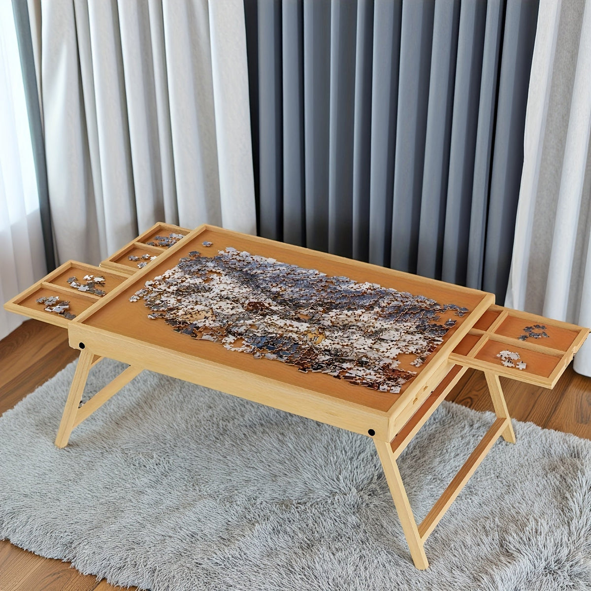 1000-Piece Puzzle Table, 2-in-1 Tilting Design with Stand, Lid & 6 Drawers, Ultralight Portable Puzzle Board for Adults, Ergonomic Jigsaw Puzzle Accessory Gift for Puzzle Lovers – Natural & Grey