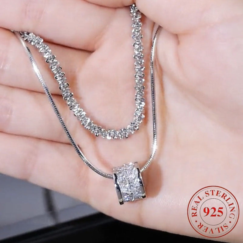 S925 Sterling Silver Double Layer Clavicle Chain Necklace for Women, Elegant Cubic Zirconia Sweater Chain, Minimalist Fashion Jewelry for Daily Wear and Gifts, All Seasons
