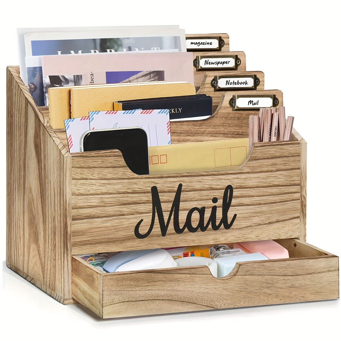 Large Solid Wood Desktop Mail Organizer with Drawer and 4 Compartments, Labelable Dividers for Files, Letters, and Paper Folders, Desk Organizer for Home Office, Students, and Professionals