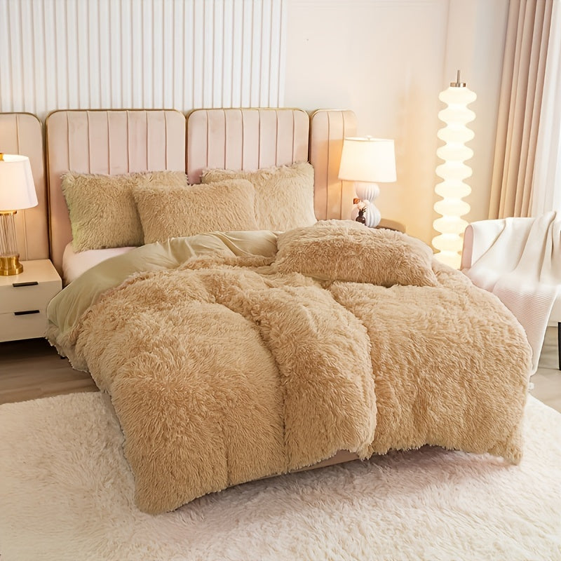 Plush Duvet Cover Set 3 Piece, Long Hair Knitted Polyester, Solid Color Fuzzy Comforter Cover with Zipper Closure, All-Season Soft Cozy Bedding Set for Bedroom, Multiple Colors Available