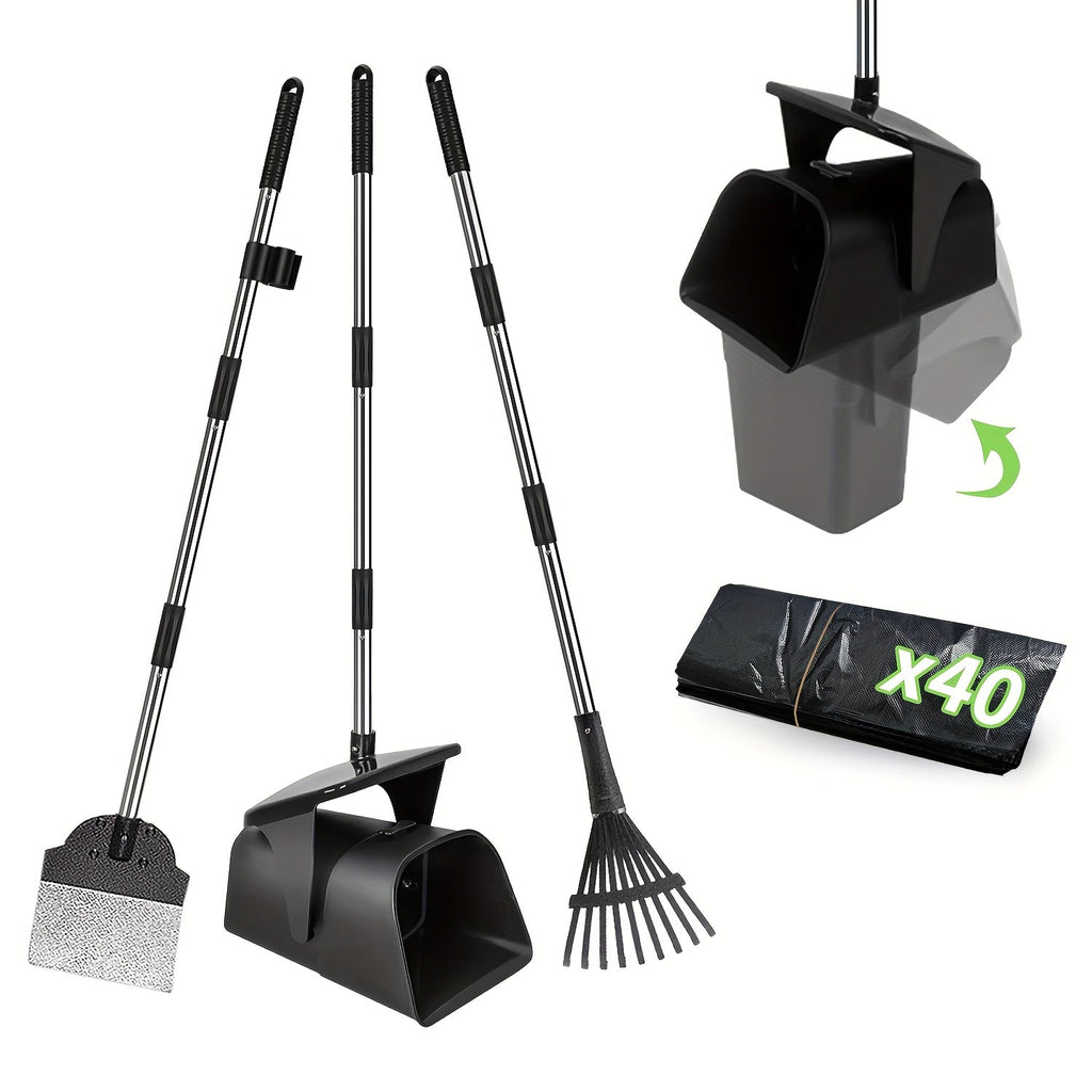 Heavy Duty Dog Pooper Scooper Set with Swivel Bin, Rake & Spade – Long Handle Pet Waste Removal Tool for Grass, Dirt & Gravel, Includes 40 Waste Bags, Great for Large Dogs