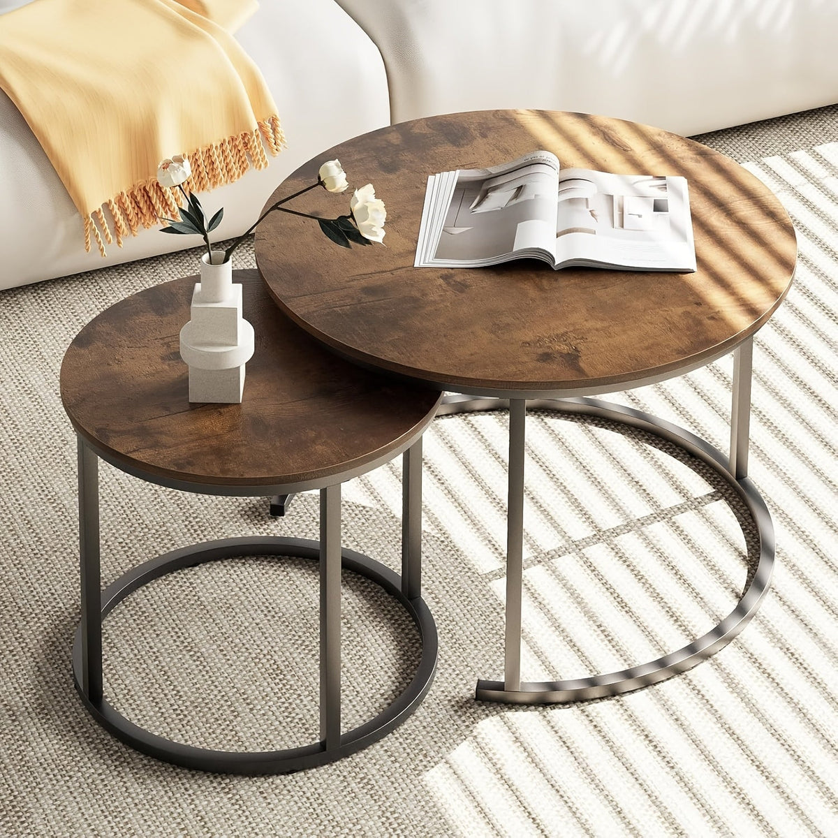 Round Nesting Side Table Set of 2 – Faux Marble & Wood Top with Metal Frame Modern Accent Tables for Living Room Bedroom in 6 Color Options
