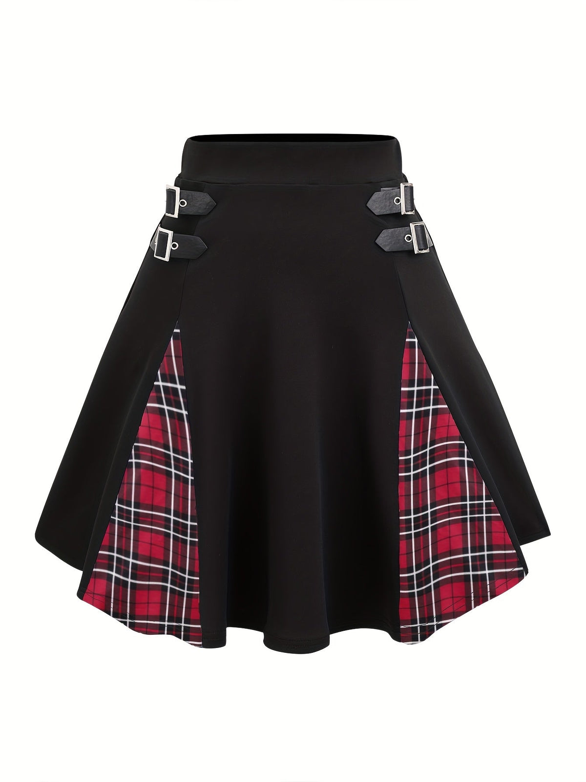 Gothic Plaid Buckle High-Waisted A-Line Mini Skirt Women's Y2K Gingham Color Block Knit Skirt Black Gray Red Blue Purple S M L XL XXL