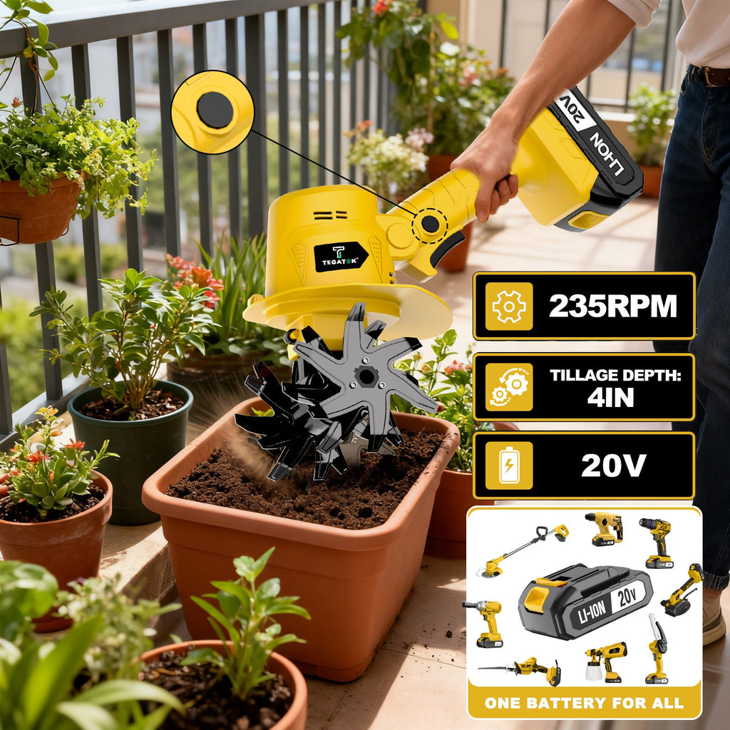 Cordless Electric Tiller Cultivator 20V, 9-Inch Tilling Width 4-Inch Depth, Lightweight Handheld Rototiller for Raised Bed Garden, Plowing Sowing Soil Loosening, 1 or 2 Battery Options