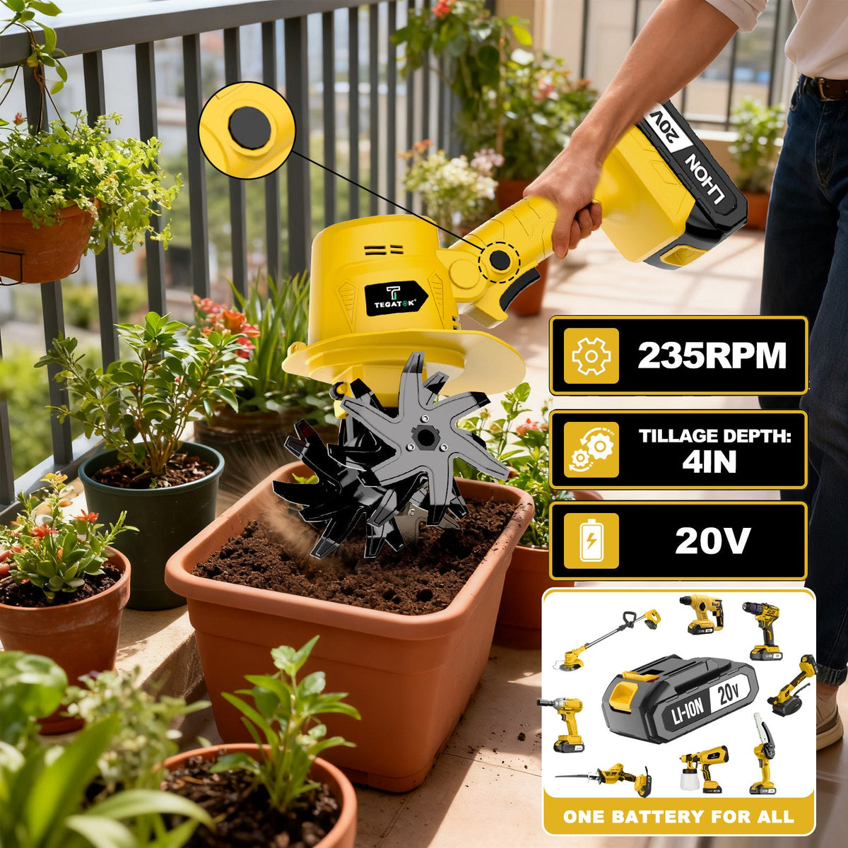 Cordless Electric Tiller Cultivator 20V, 9-Inch Tilling Width 4-Inch Depth, Lightweight Handheld Rototiller for Raised Bed Garden, Plowing Sowing Soil Loosening, 1 or 2 Battery Options
