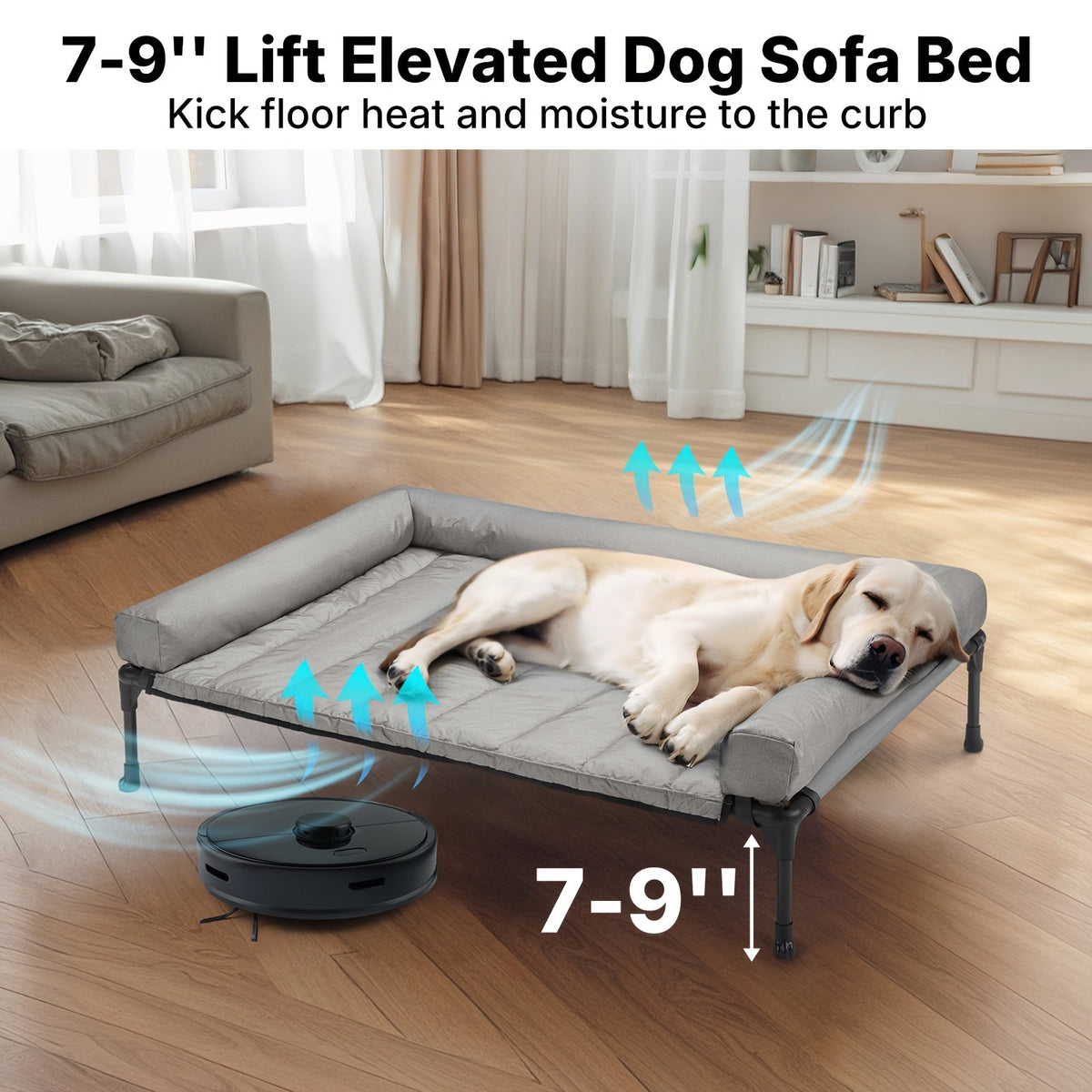 Cooling Elevated Dog Bed with Removable Pillow-Top Mat – Raised Bolster Dog Cot with Breathable Mesh and Non-Slip Feet, Dog Sofa Bed for Indoor & Outdoor Use