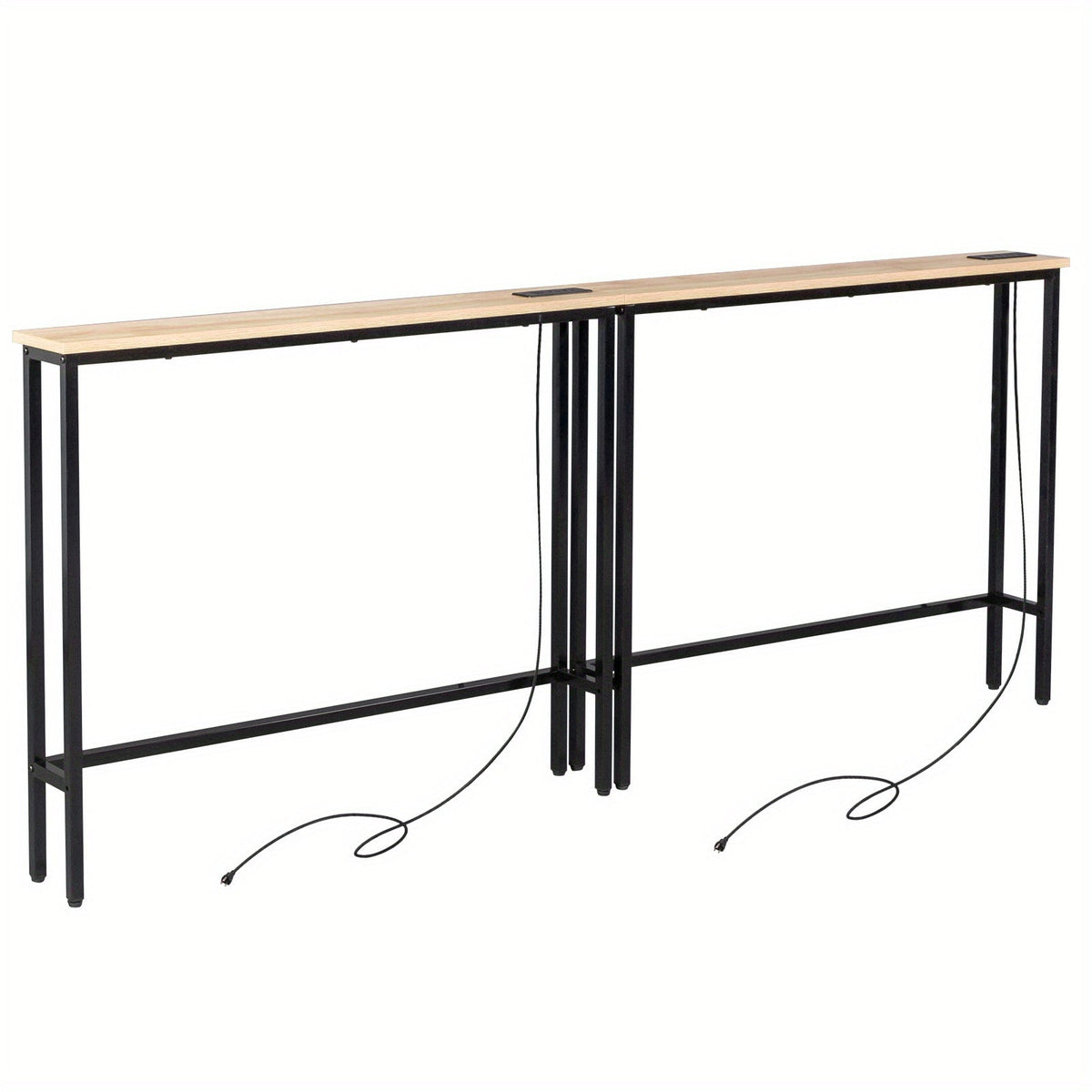 Narrow Console Table with Charging Station – Built-In Outlets USB Ports Metal Frame Slim Sofa Table 39.4" / 78.7" for Living Room Apartment in Rustic Brown Oak Black