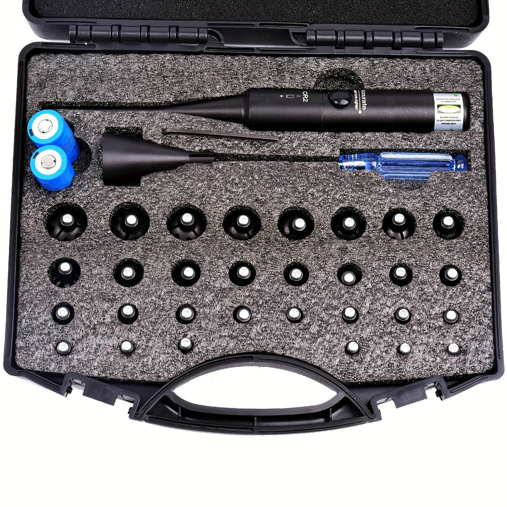 Laser Bore Sight Kit with 32 Adapters – Red & Green Laser Boresighter for .17 to 12GA, High Precision Rifle Zeroing Tool with 8-Hour Battery Life, Button ON/OFF for Hunting and Shooting