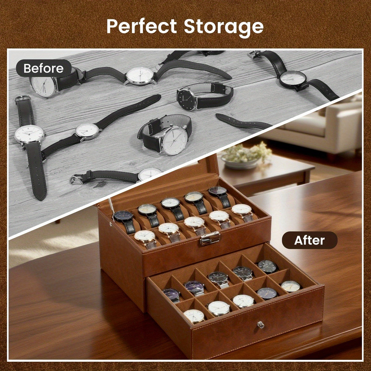 20-Slot Double-Layer Watch Box Organizer with Solid Glass Cover and Velvet Pillow Lining, Watch Display Case for Collection and Storage, Gift for Men and Women Watch Collectors, in Brown, Black, and Gray