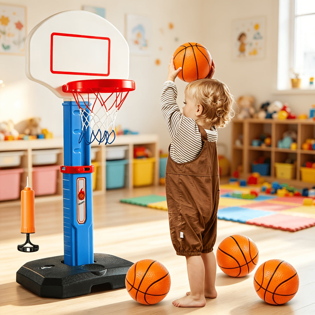 Kids Basketball Arcade Game Set Adjustable Height 2.5–3.5 Ft 4 Balls Air Pump & Backboard Indoor & Outdoor Safe for Toddlers – Pink & Blue Birthday Christmas Gift