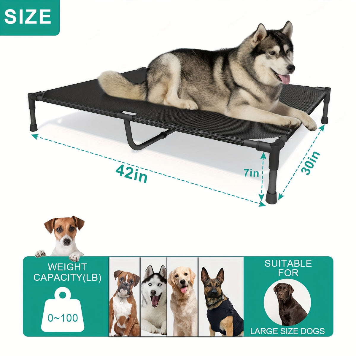 Cooling Elevated Dog Bed & Outdoor Dog Cot - Raised Pet Bed with Washable Breathable Mesh, No-Tool Assembly, Anti-Slip Feet for Large, Medium & Small Dogs, Indoor & Outdoor Use