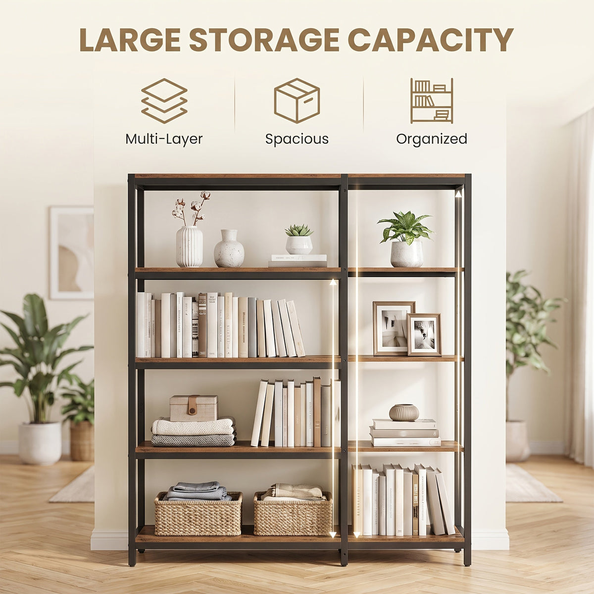 Industrial Corner Shelf 5-Tier, Convertible L-Shape or Straight Bookshelf, Metal Frame Rustic Wood Finish, Space-Saving Corner Bookcase for Living Room Bedroom Home Office Study, Multi-Level Organizer