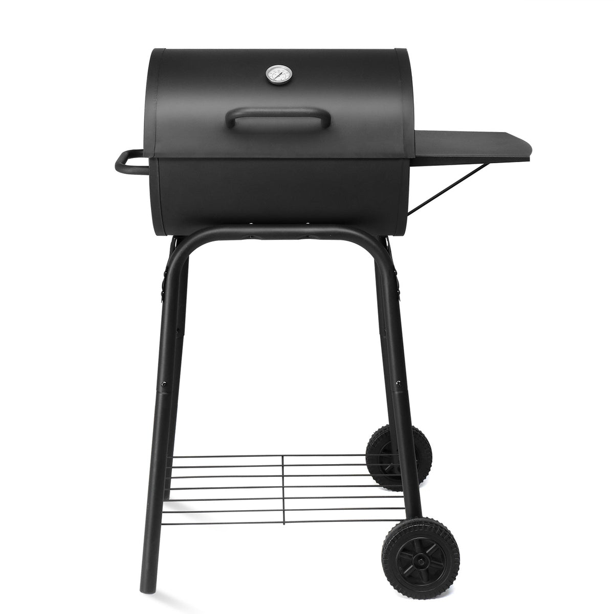 Barrel Charcoal Grill with Side Table & Bottom Shelf, 33.9"x20.5"x40.6", 4-Level Adjustable Charcoal Pan, Dual Air Dampers, Built-In Thermometer, Chrome Grates, 2 Wheels, for Backyard, Patio & Camping BBQ