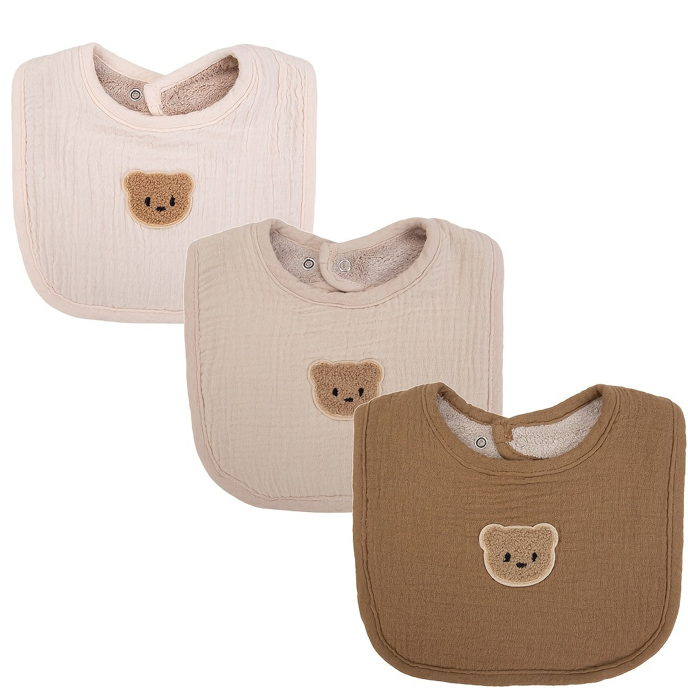 Muslin Baby Bibs Set of 3, Soft Gauze Bear Bandana Drool Bib with Absorbent Pocket for Newborns & Infants, Feeding Burp Cloth for Boys & Girls, Baby Shower Gift